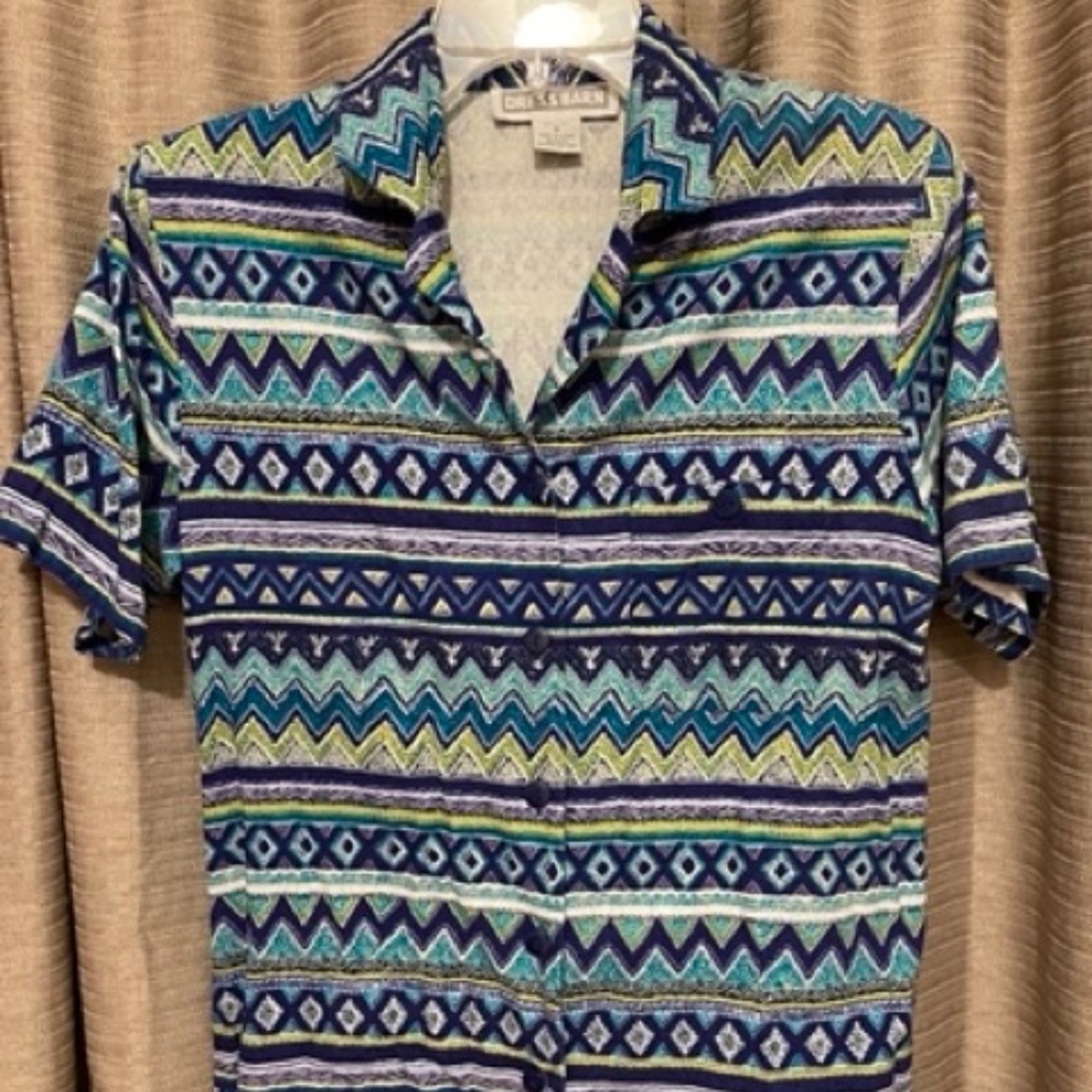 Dress Barn Size Small Silk Short Sleeve Blouse in Purple & Turquoise